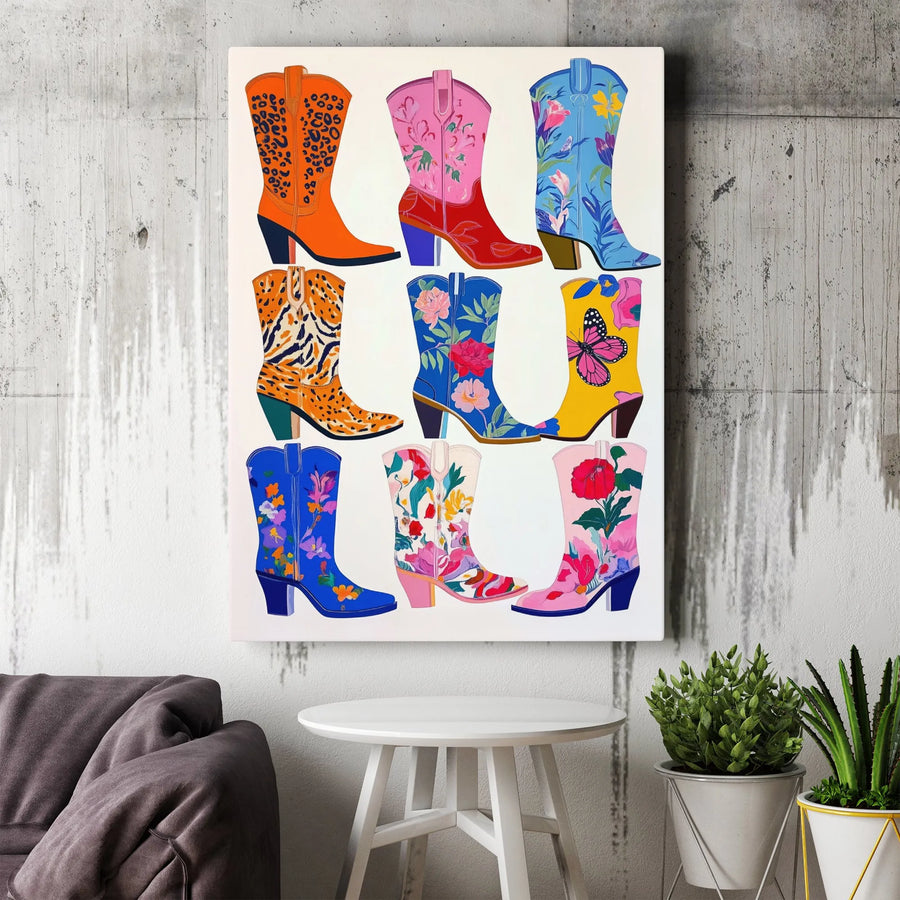 Colorful Cowboy Boots Canvas Art | Pop Art Western Boots Collection | Premium Gallery Wrapped Canvas | Preppy Western Home Decor Gift for Cowgirl
