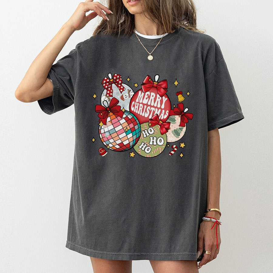 Retro Christmas Ornaments T-Shirt | Coquette Bow Graphic Tee | 100% Cotton Premium Comfort | Trendy Holiday Gift For Women
