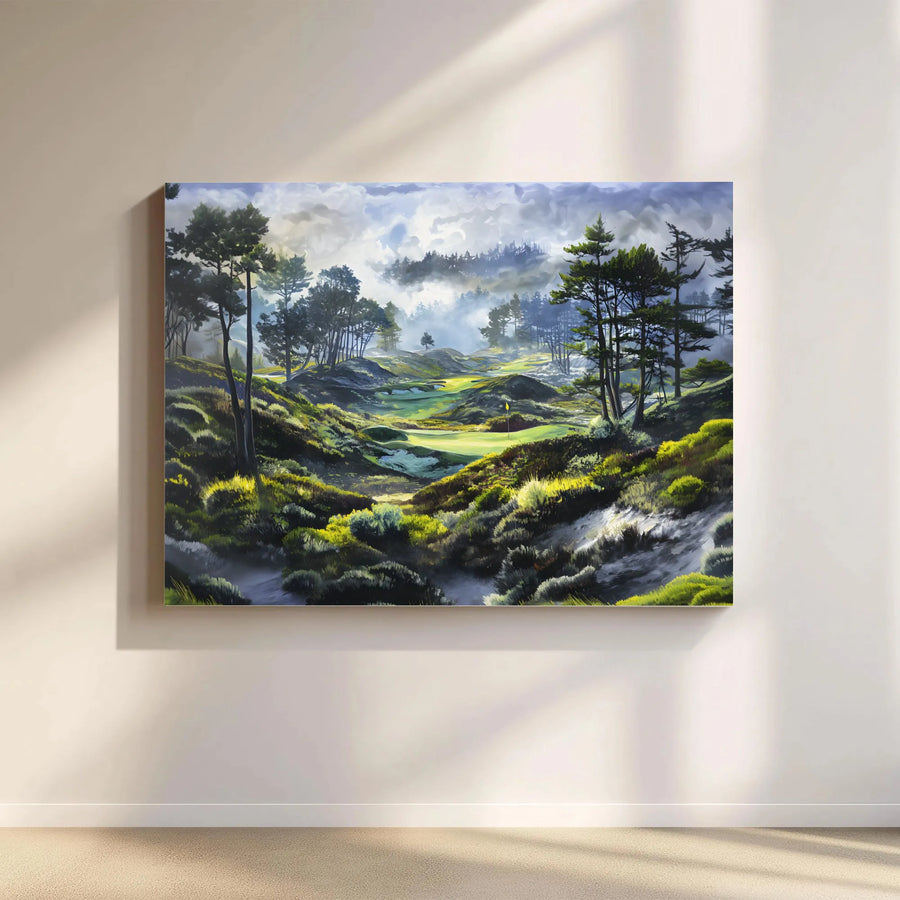 Golf Course Canvas Wall Art | Misty Forest Golf Landscape Painting | Premium Gallery Wrapped Canvas | Gift for Golfer, Man Cave Decor
