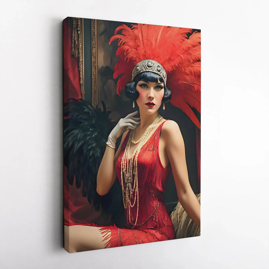 Art Deco Flapper Canvas Print | Roaring 20s Red Feather Glamour | Gallery Quality 1.25 Inch Profile | Elegant Vintage Wall Art Decor