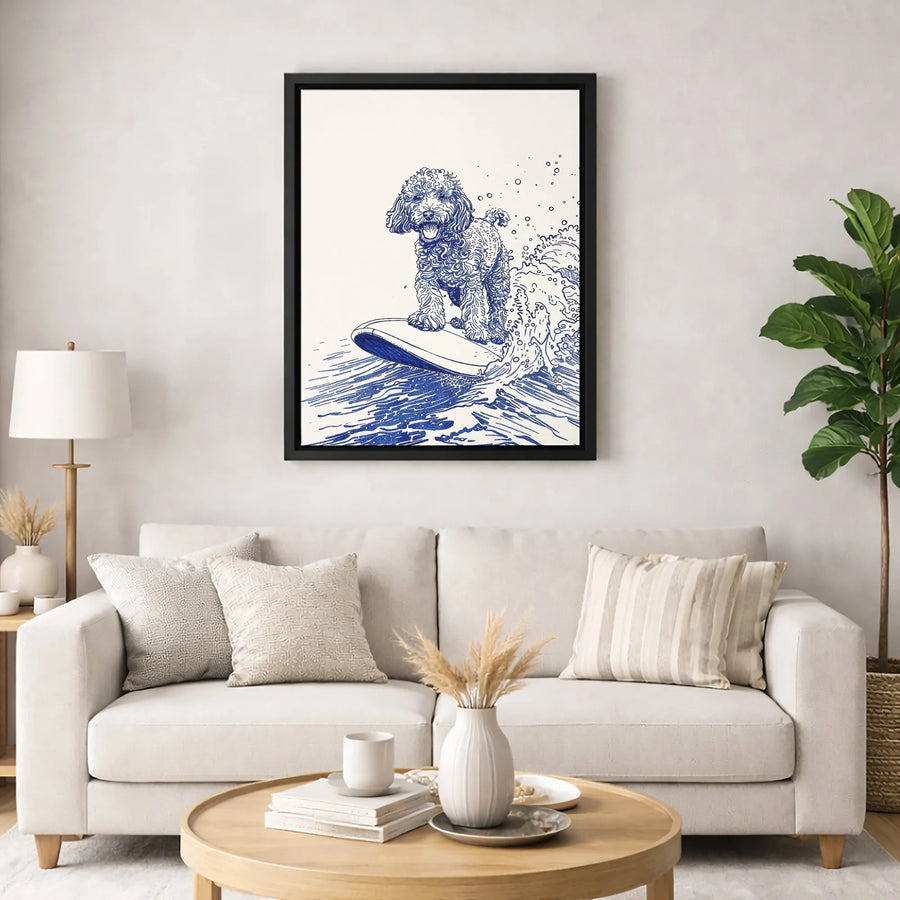 Surfing Poodle Dog Wall Art | Blue Ink Sketch Illustration | Premium 1.25-Inch Gallery Canvas | Coastal Beach Home Decor Gift for Dog Lovers