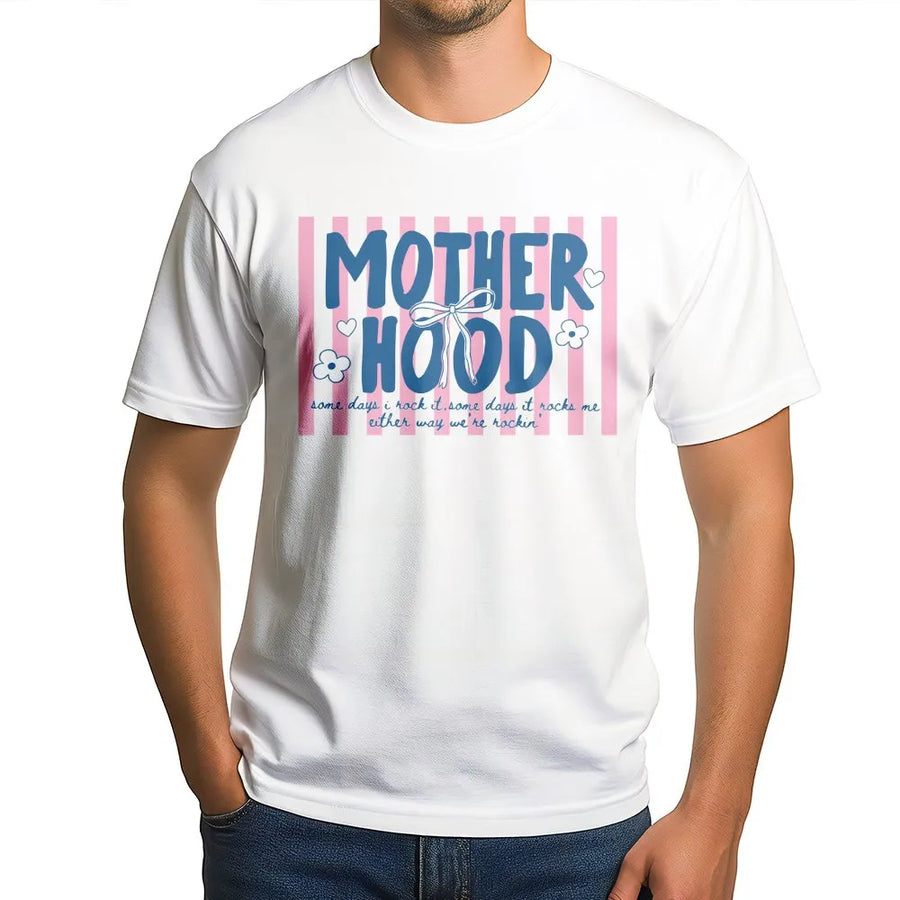Motherhood T-Shirt | Trendy Pink Striped Preppy Graphic | Soft Cotton Blend Pullover | Mothers Day Gift for New Mom