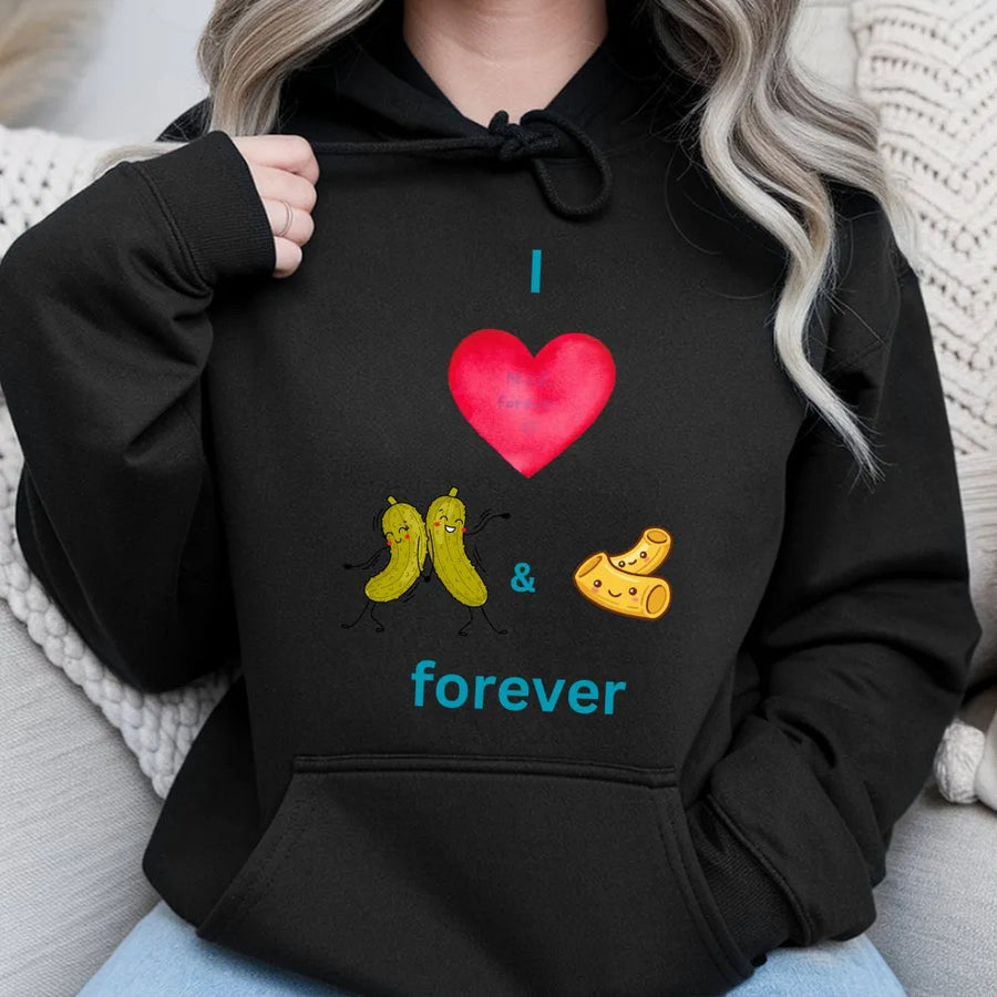 Pickle and Macaroni Lover Hoodie | Cute Cartoon Food Graphic Design | Cotton Blend Premium Sweatshirt | Funny Gift for Foodies