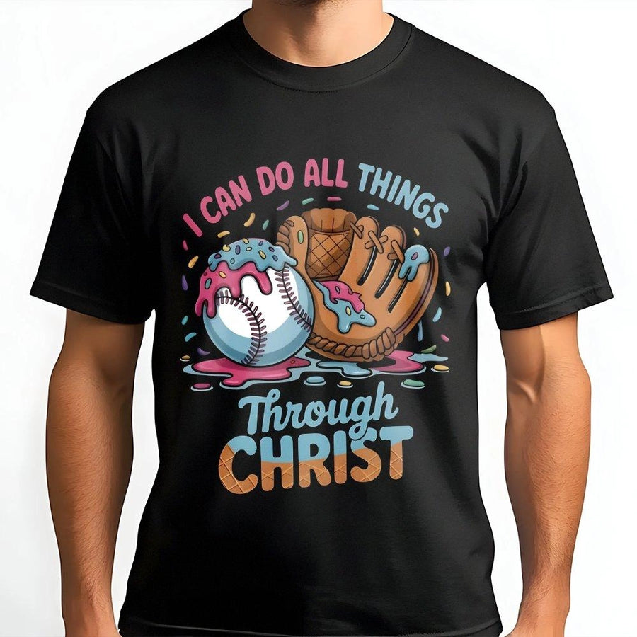 I Can Do All Things Through Christ Baseball T-Shirt | Ice Cream Drip Sport Design | Premium 100% Cotton Tee | Christian Gift for Softball Players