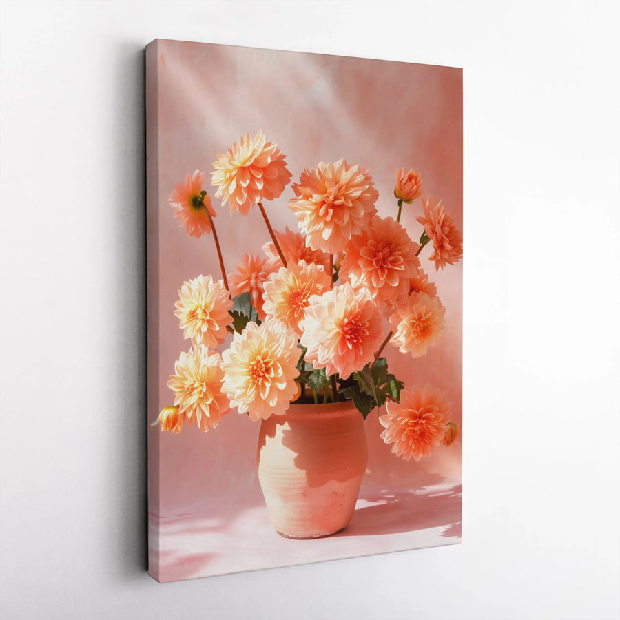 Peach Dahlia Flower Canvas Wall Art | Sunlit Floral Bouquet in Terracotta Vase | Premium Fade-Resistant Gallery Wrap | Elegant Home Decor Gift