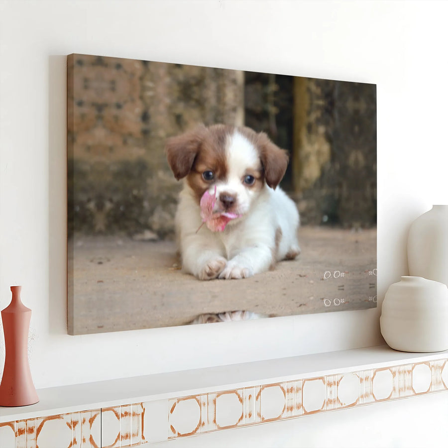 Cute Puppy Canvas Wall Art | Adorable Dog with Pink Flower Photo | Premium Gallery Wrapped Print | Gift for Dog Lovers & Nursery Decor