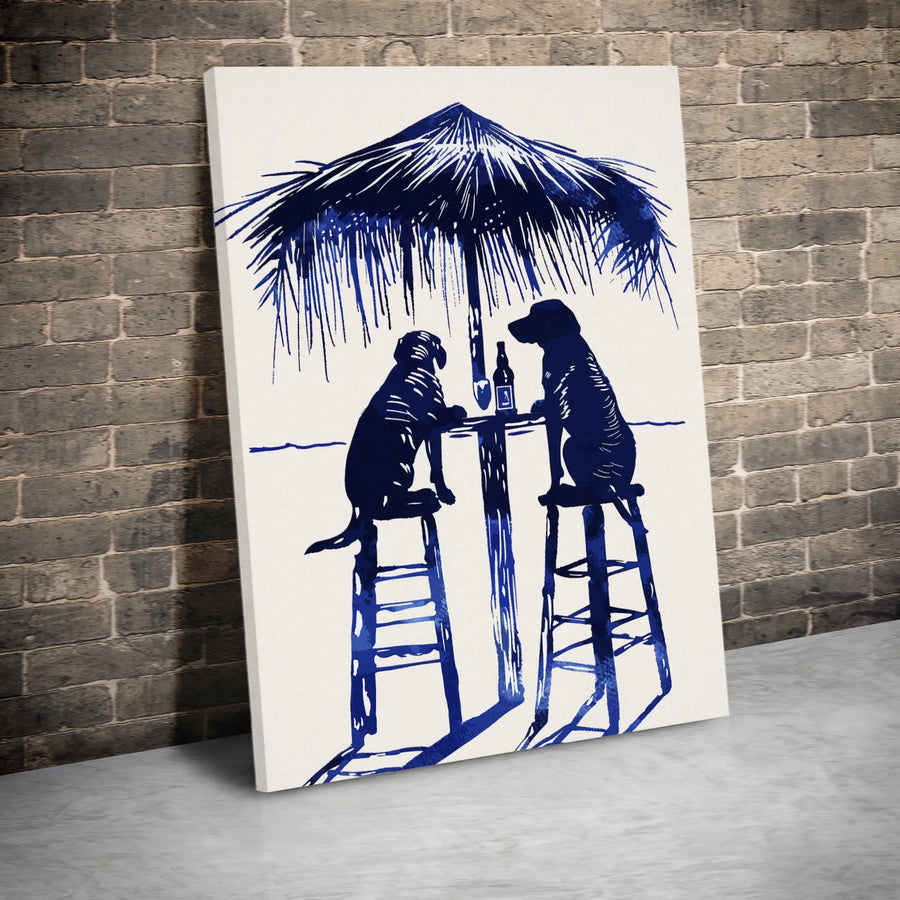 Dogs At The Beach Bar Wall Art | Blue And White Tropical Illustration | Premium 1.25" Gallery Canvas | Coastal Decor For Dog Lovers