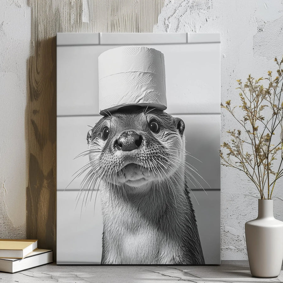 Funny Otter Canvas Wall Art | Bathroom Humor Toilet Paper Hat | Premium Gallery Wrap Print | Whimsical Animal Decor For Home Or Office