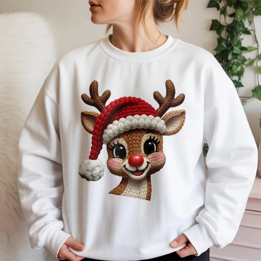 Reindeer Christmas Sweatshirt | Cute Faux Knit Red Nose Reindeer Print | Soft Cotton Blend Unisex Pullover | Festive Holiday Gift For Her