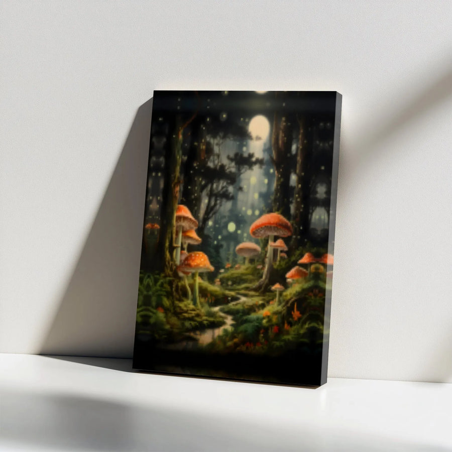 Enchanted Forest Mushroom Wall Art | Glowing Woodland Moonscape Canvas | Gallery Wrap Premium Print | Whimsical Home Decor Gift