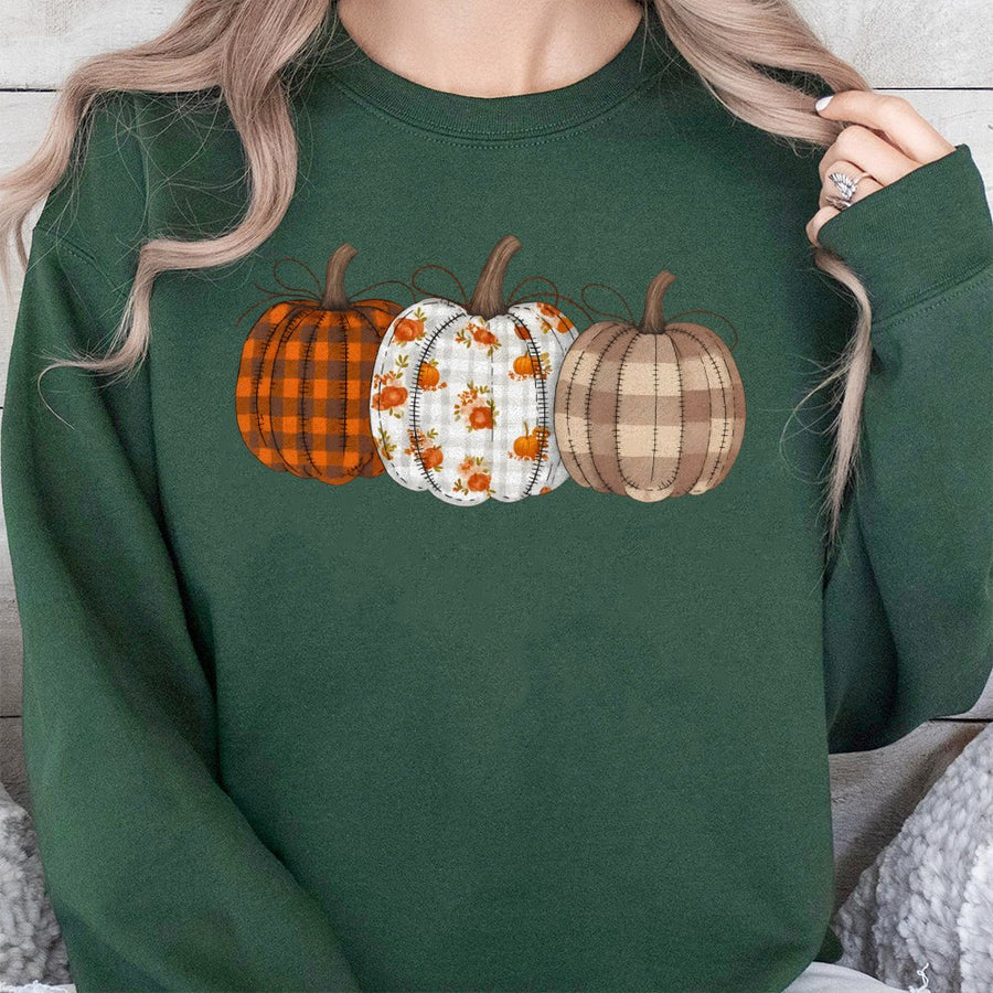 Fall Pumpkin Trio Sweatshirt | Plaid and Floral Autumn Graphic | Premium Cotton Blend | Cozy Thanksgiving Gift for Women