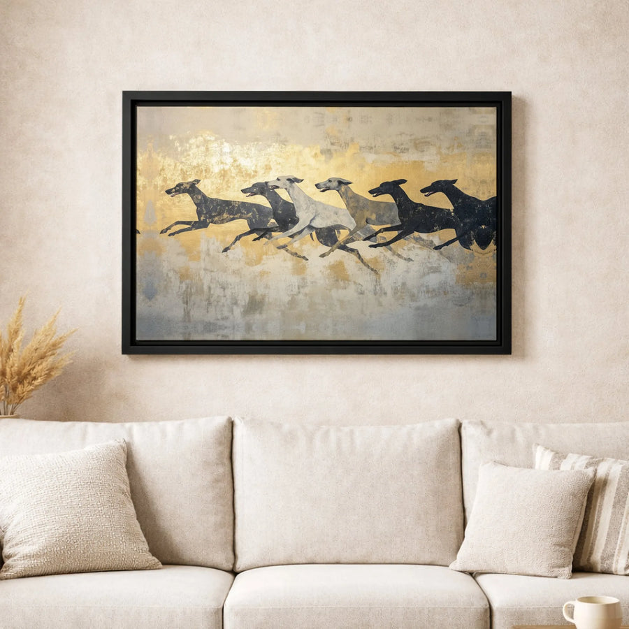 Running Greyhound Canvas Wall Art | Abstract Gold Leaf Silhouette Decor | Premium Gallery Wrap Print | Modern Living Room Gift for Dog Lovers