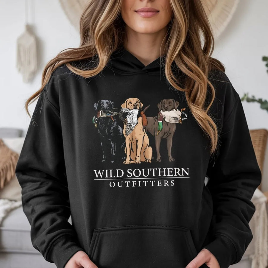 Hunting Dog Hoodie | Labrador Retriever Trio Duck Hunting Graphic | Premium Cotton-Blend | Gift for Outdoorsman and Dog Lover