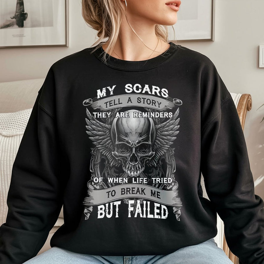 My Scars Tell A Story Sweatshirt | Winged Skull Graphic Tee | Premium Cotton Blend | Inspirational Resilience Gift For Men And Women