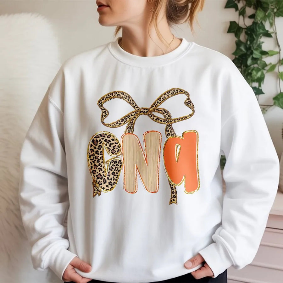 CNA Sweatshirt | Preppy Leopard Bow Design | Premium Cotton Blend | Nursing School Graduation Gift for Nurse Assistants