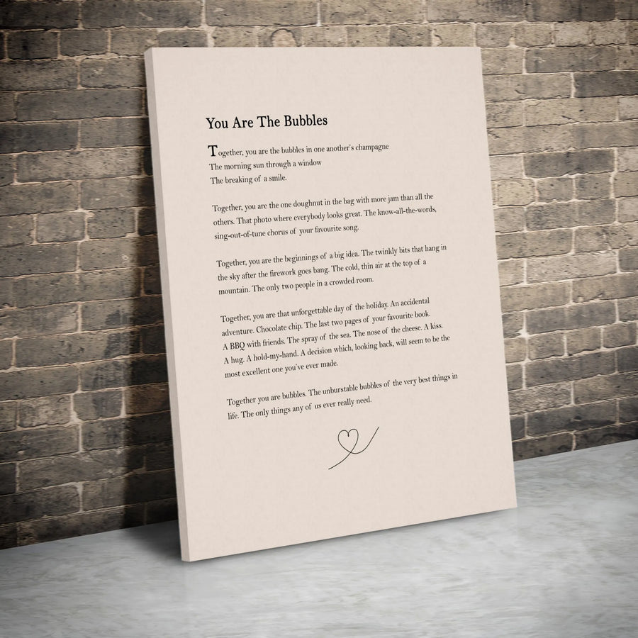 You Are The Bubbles Poem Canvas Wall Art | Romantic Literary Quote Print | Premium Gallery Wrap Decor | Anniversary Gift for Couples