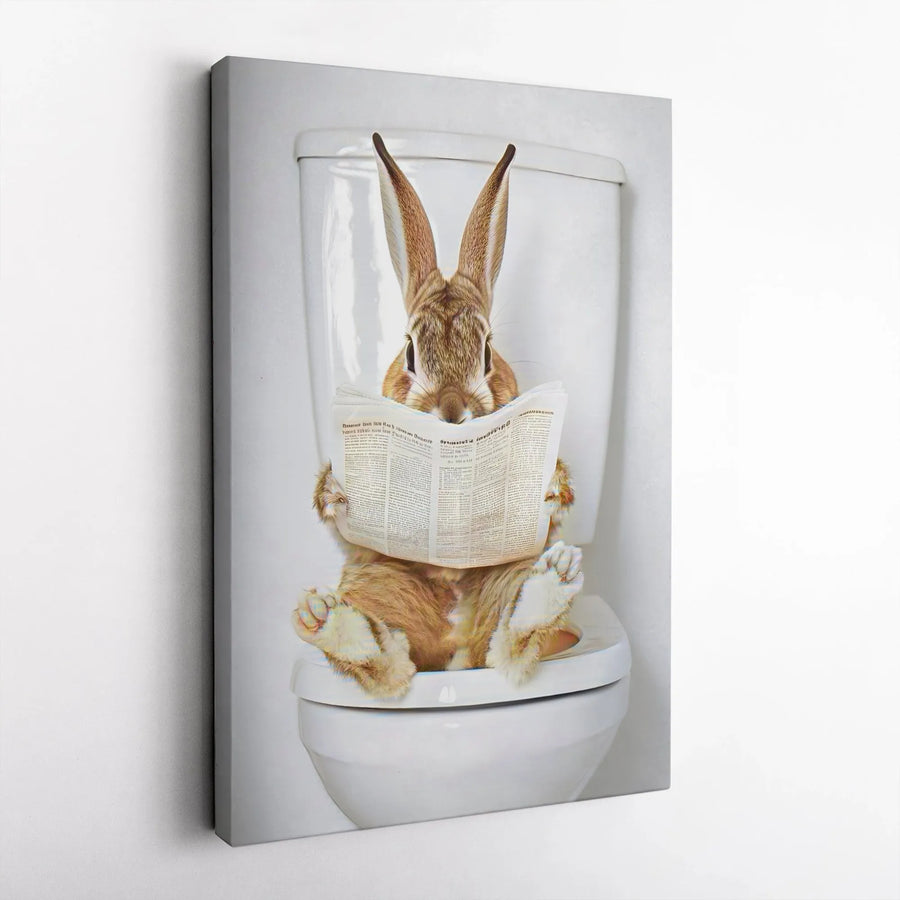 Funny Rabbit Reading Newspaper On Toilet Canvas | Whimsical Bathroom Wall Art | Premium Gallery-Wrapped Print | Unique Home Decor Gift Idea
