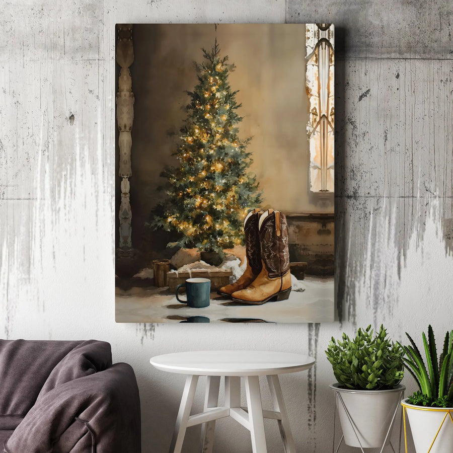 Western Christmas Wall Art | Cowboy Boots and Lit Tree Painting | Premium 1.25 Inch Canvas Print | Rustic Holiday Home Decor Gift for Cowgirl