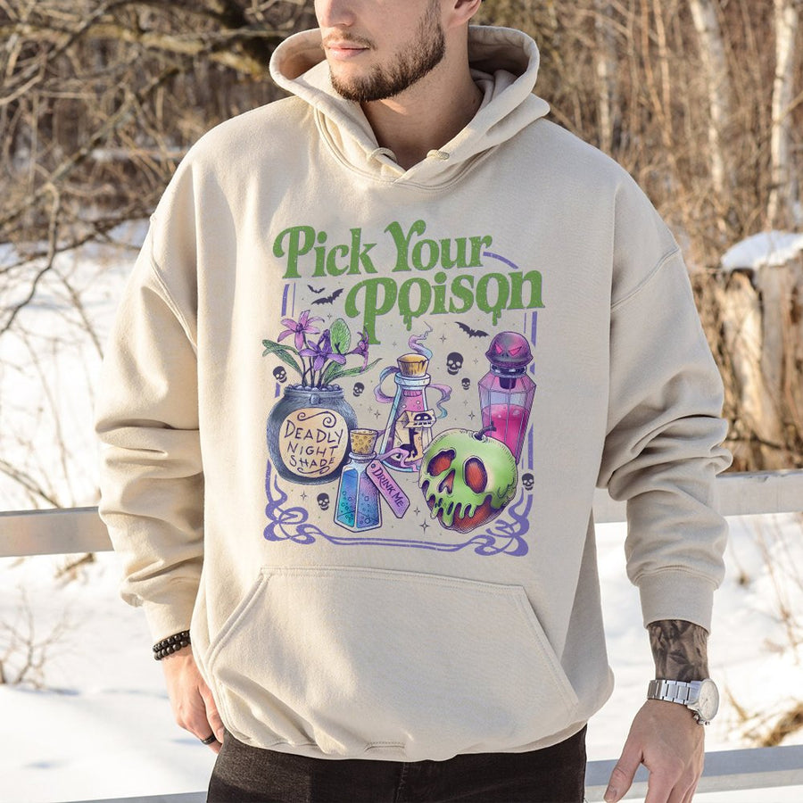 Pick Your Poison Hoodie | Halloween Graphic Witchy Potion Art | Premium Cotton Blend | Spooky Season Gift For Women And Men