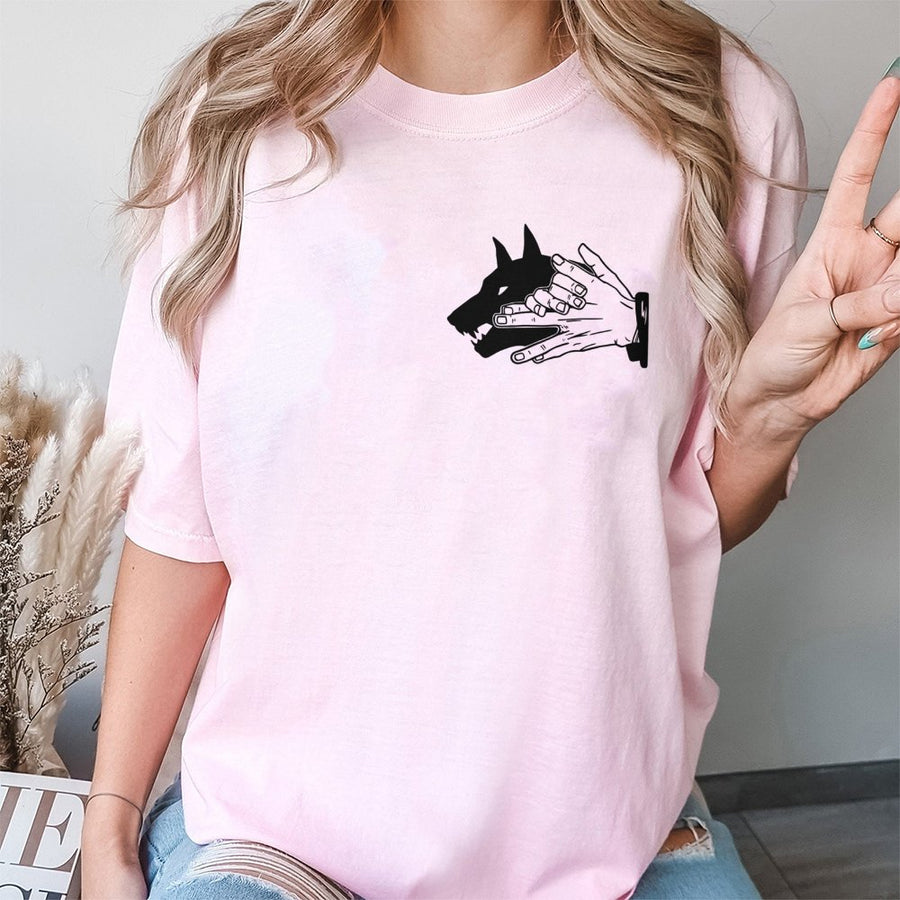 Wolf Shadow Puppet Graphic T-Shirt | Hand Gesture Animal Silhouette Design | 100% Cotton Premium Tee | Unique Wildlife Art Gift for Men and Women