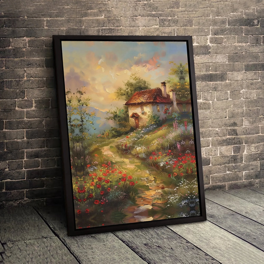 Cottage Landscape Canvas Wall Art | Impressionist Poppy Field Painting | 1.25" Gallery Wrap | Nature Home Decor Gift for Living Room