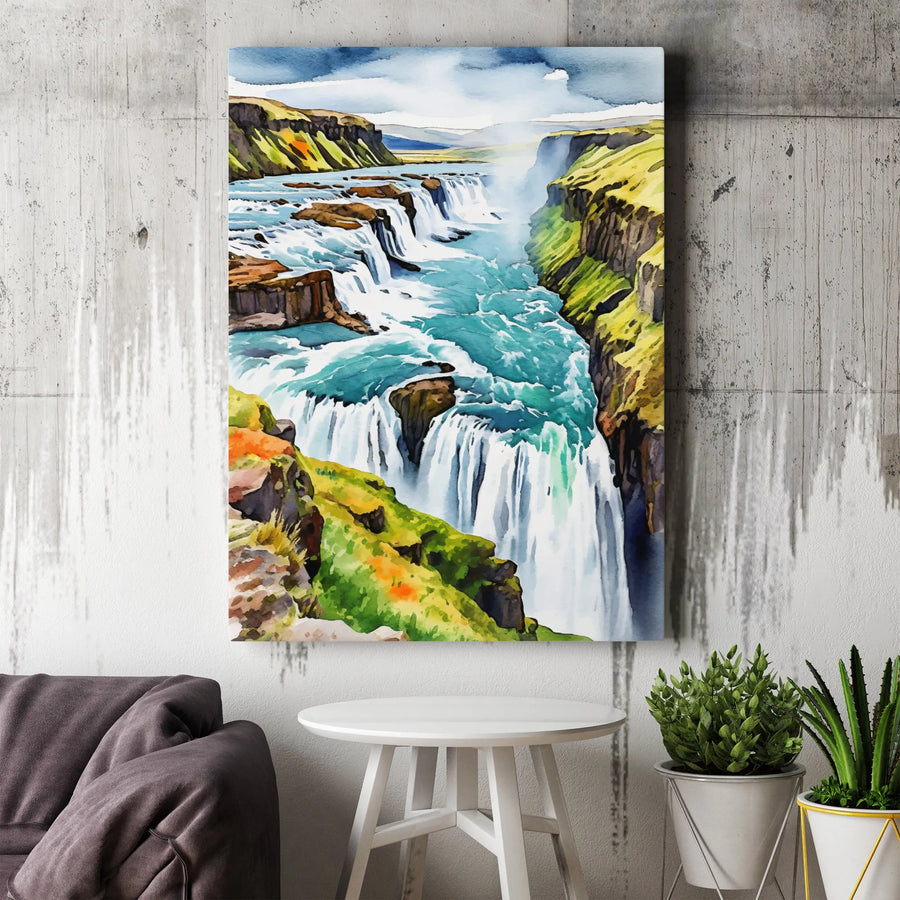Gullfoss Waterfall Canvas Print | Icelandic Landscape Watercolor Art | Premium Fade-Resistant Wall Decor | Nature Lover Gift for Home Office