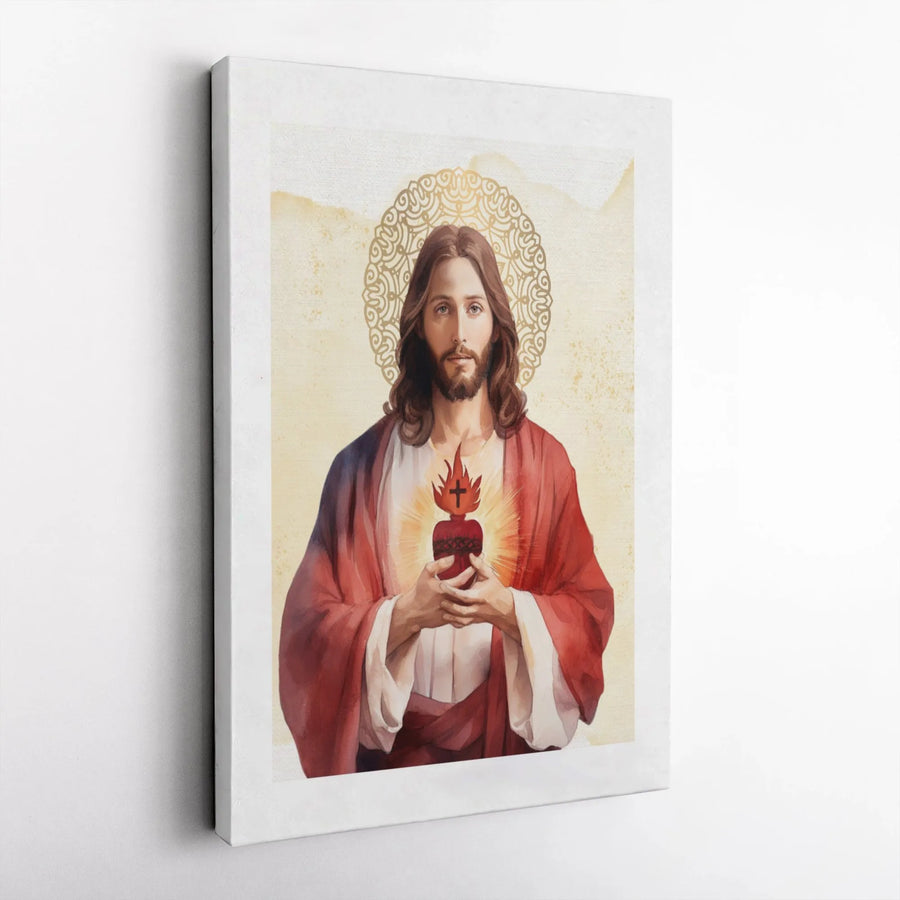 Sacred Heart of Jesus Canvas Wall Art | Watercolor Religious Portrait | 1.25-Inch Premium Gallery Wrap | Christian Home Decor Gift