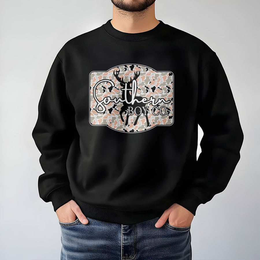 Southern Boy Sweatshirt | Deer Camo Badge Graphic | Premium Cotton Blend Crewneck | Country Style Gift for Men and Boys