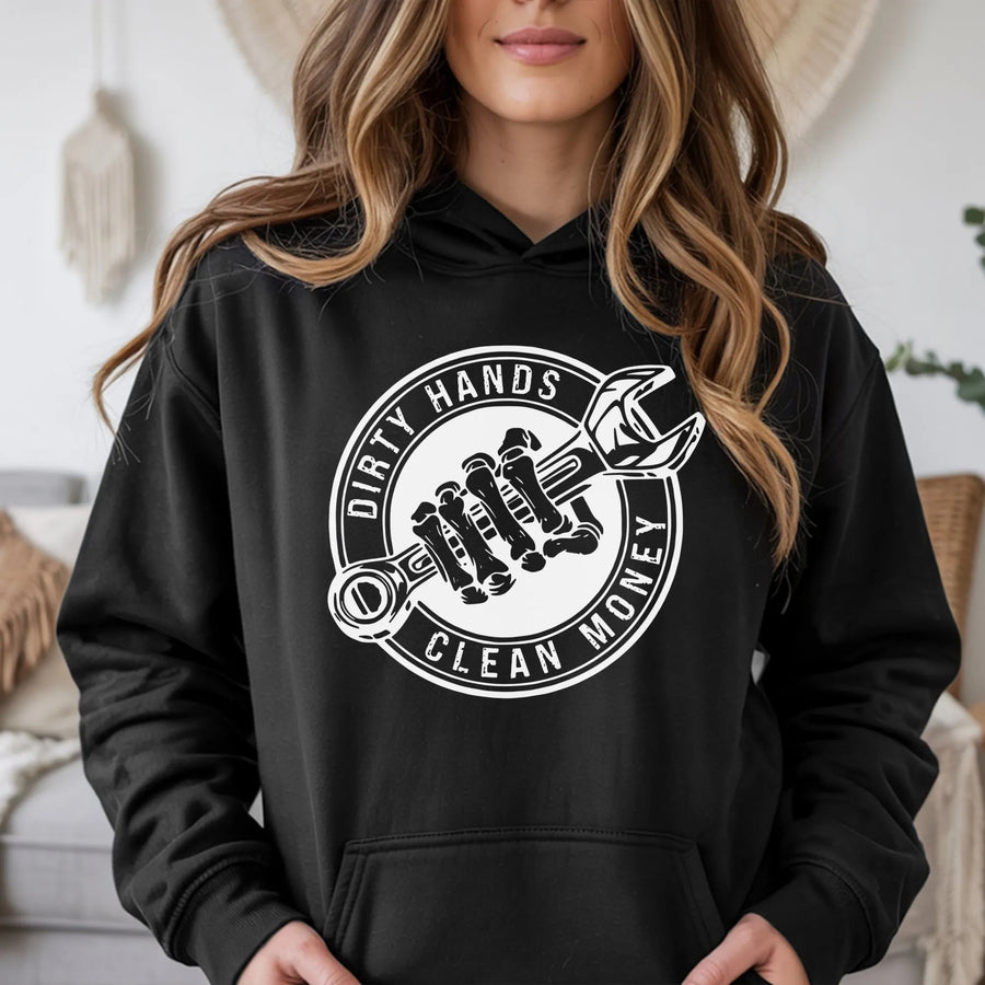 Dirty Hands Clean Money Hoodie | Mechanic Skeleton Wrench Graphic | Premium Cotton Blend | Gift for Auto Technician or Hardworking Dad