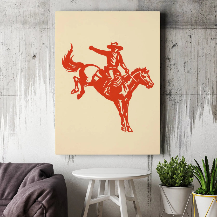 Bucking Bronco Wall Art | Red Western Cowboy Silhouette Print | Premium Gallery Wrapped Canvas | Rustic Southwestern Home Decor Gift