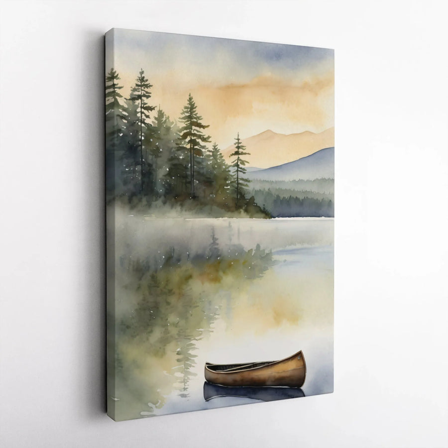 Watercolor Canoe Canvas Wall Art | Misty Lake Forest Landscape | Premium Gallery Wrapped Print | Nature Cabin Decor for Living Room