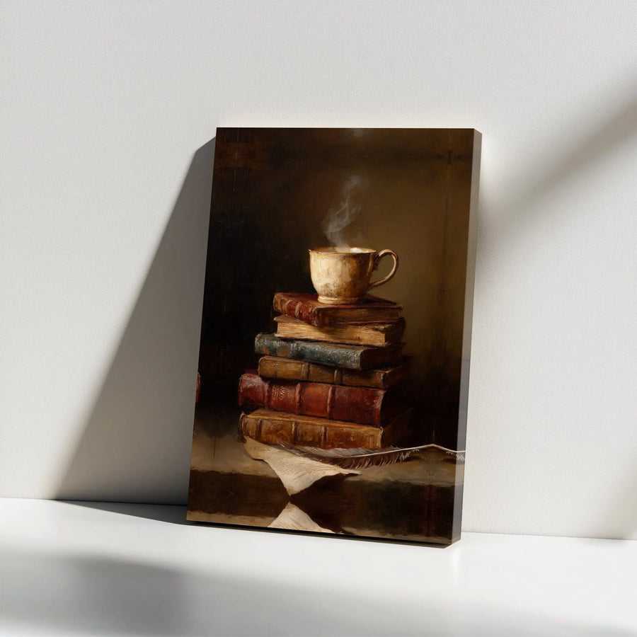 Vintage Books and Coffee Canvas Wall Art | Still Life Quill Pen Illustration | Premium Gallery Wrap Decor | Aesthetic Home Office Gift