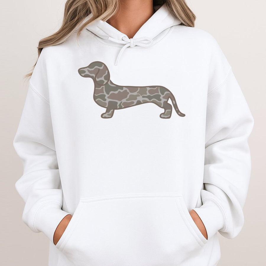 Dachshund Hoodie | Camo Wiener Dog Graphic Print | Premium Cotton Blend | Gift for Doxie Mom and Dad