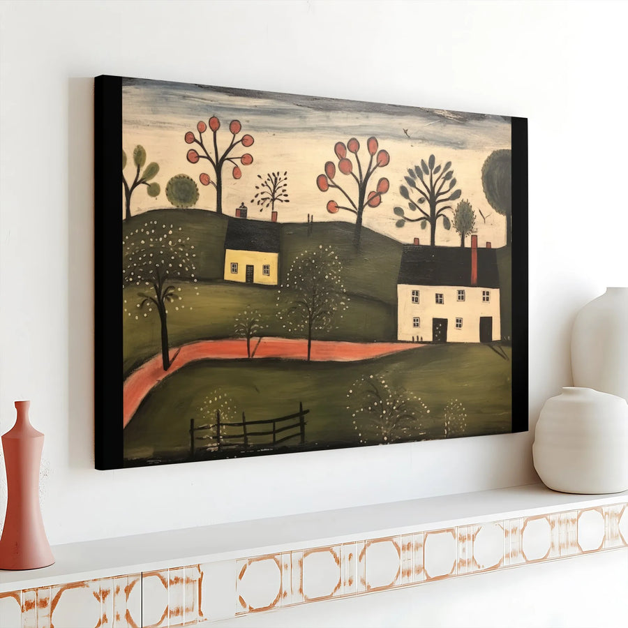 Primitive Folk Art Landscape Canvas | Countryside House Wall Decor | 1.25-Inch Gallery Wrap Print | Farmhouse Aesthetic Gift for Home