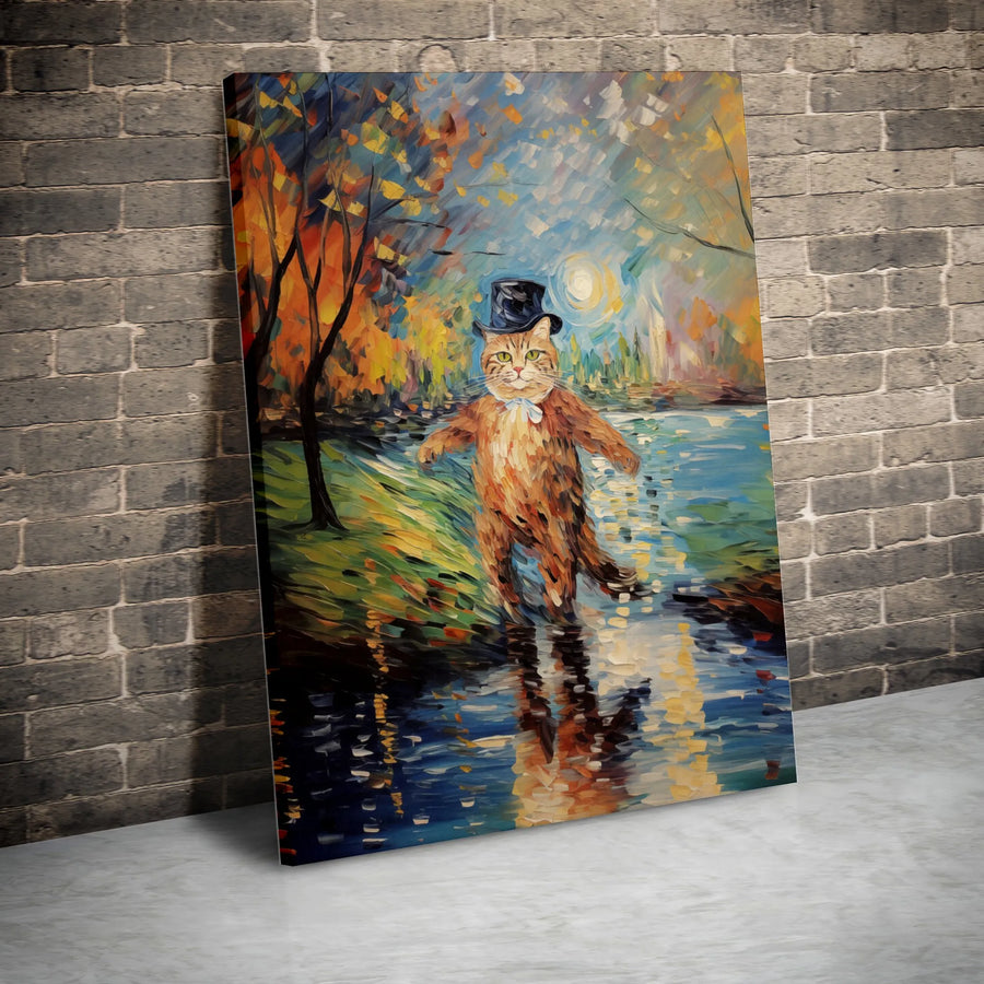 Cat in Top Hat Impressionist Canvas Print | Whimsical Animal Wall Art | 1.25 Inch Gallery Wrap | Unique Gift for Cat Lovers