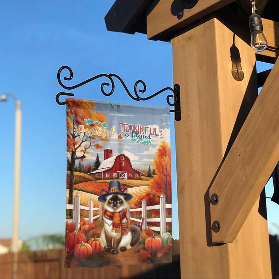 Grateful and Blessed Garden Flag | Thanksgiving Siamese Cat Pilgrim Decor | Premium Weather-Resistant Polyester | Autumn Farm Harvest Yard Gift