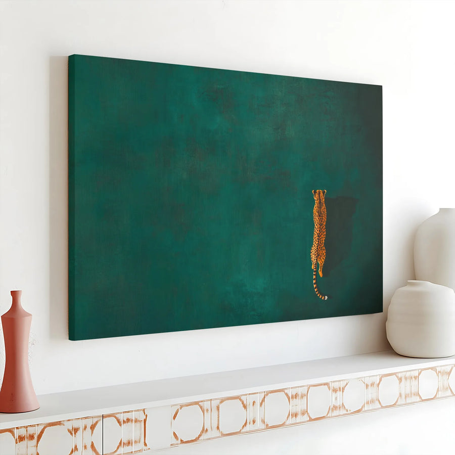 Minimalist Cheetah Canvas Wall Art | Overhead Wildlife Print on Teal | Premium 1.25" Thick Gallery Wrap | Modern Animal Art for Living Room Decor