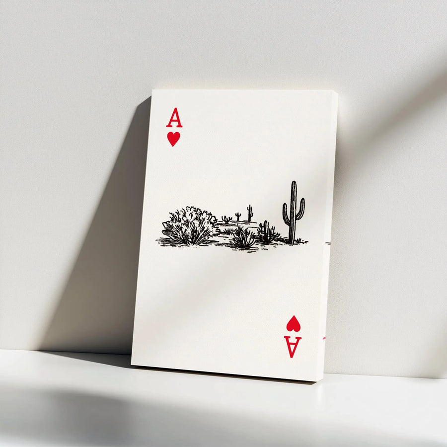 Ace Of Hearts Canvas Wall Art | Desert Cactus Sketch Illustration | Premium 1.25-Inch Gallery Wrap | Southwestern Home Office Decor Gift