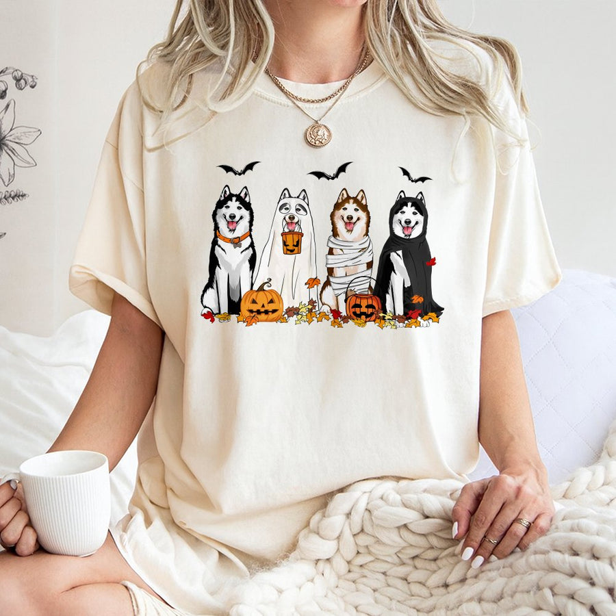 Husky Halloween T-Shirt | Cute Ghost Dog Costume Graphic | Premium 100% Cotton Tee | Spooky Dog Lover Gift for Men and Women