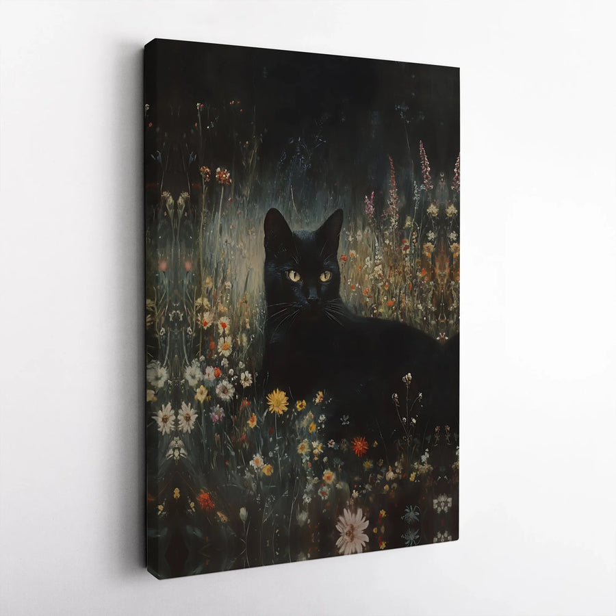 Black Cat Wall Art | Moody Wildflower Garden Painting | Gallery-Wrapped Premium Canvas | Dark Academia Home Decor Gift