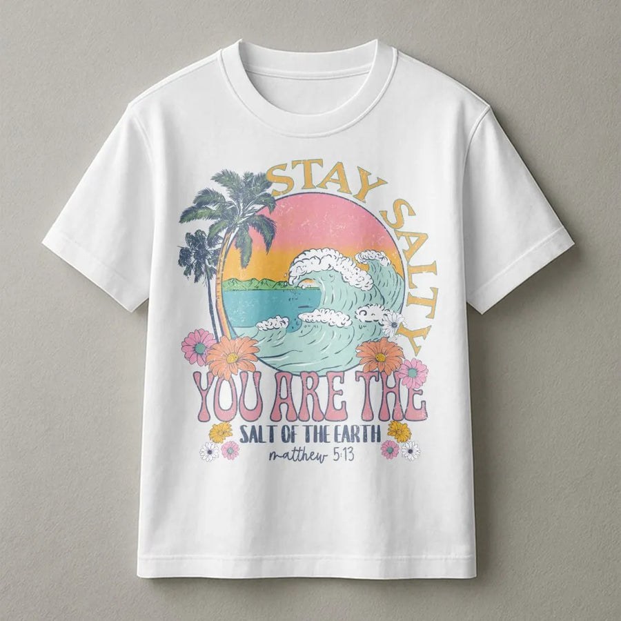 Stay Salty Christian T-Shirt | Retro Beach Wave Graphic with Matthew 5:13 Verse | Soft Cotton-Blend Sweatshirt | Faith Based Gift for Women