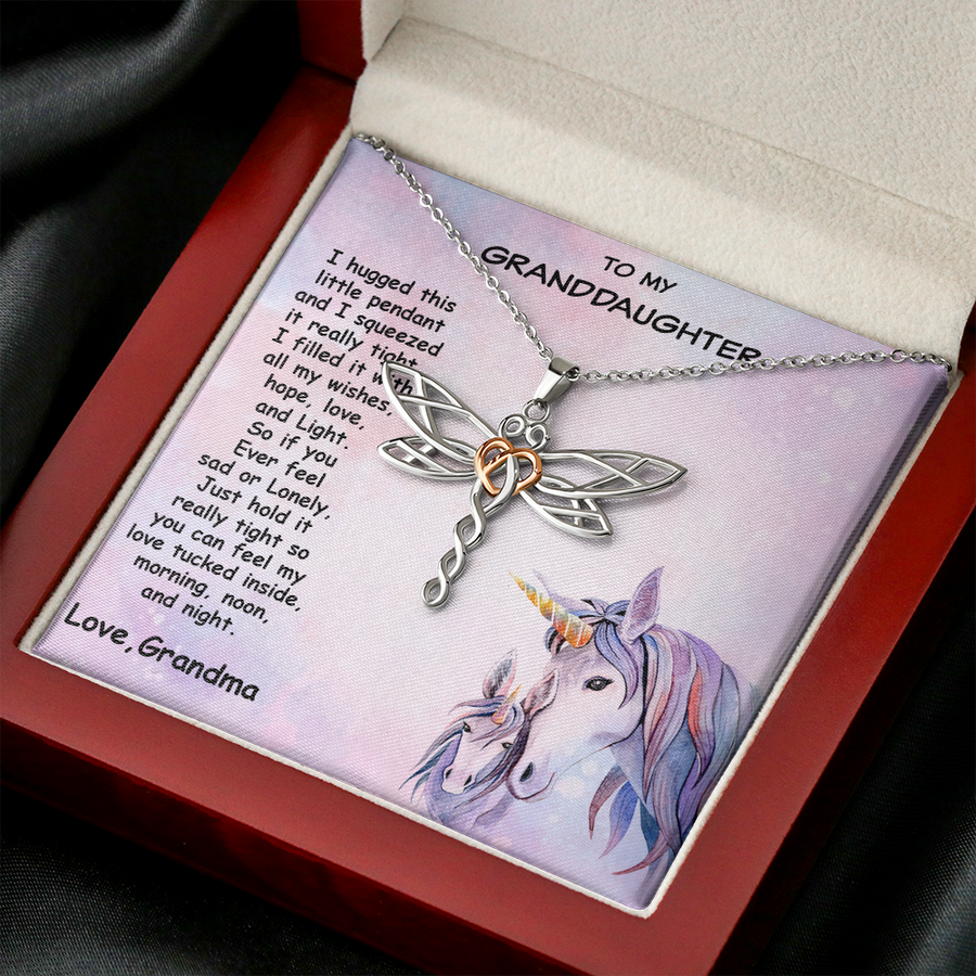 Granddaughter Dragonfly Necklace Unicorn Message Card Gift Box