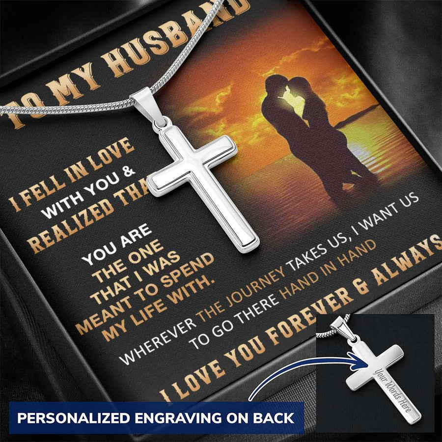 Personalized Wherever the Journey Takes Us I Want Us to Go There Stainless Steel Cross Necklace Engraved Perfect Anniversary Gift for Husband