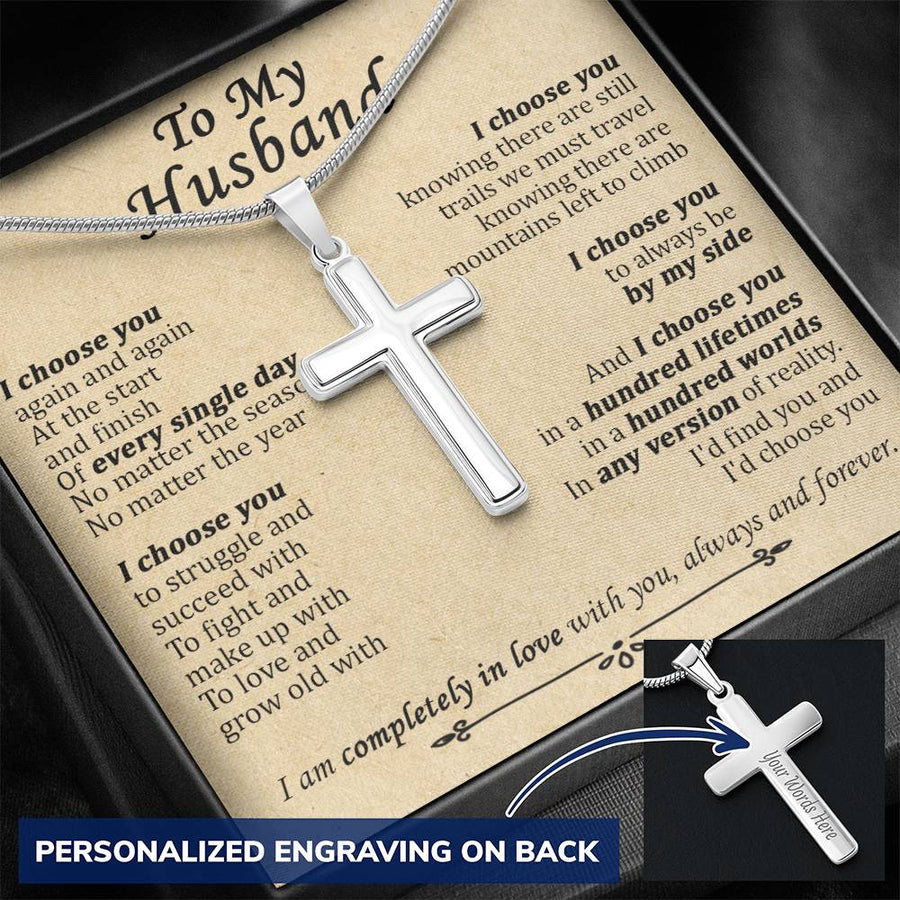 Personalized I Choose You to Love and Grow Old With Stainless Steel Cross Necklace Engraved Perfect Anniversary Gift for Husband