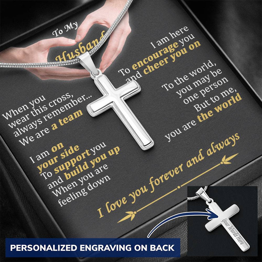 Personalized We Are A Team Build You Up Stainless Steel Cross Necklace Engraved Perfect Anniversary Gift for Husband