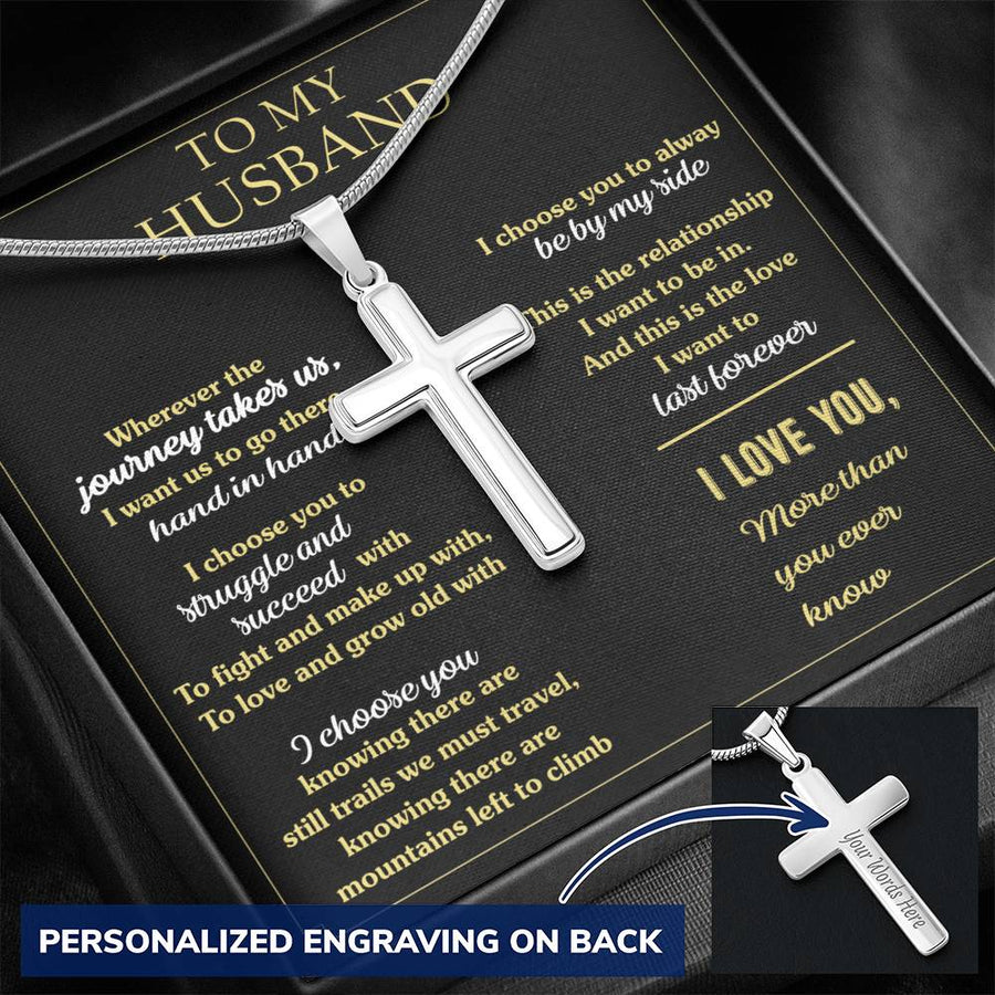 Personalized Hand in Hand Stainless Steel Cross Necklace Engraved Perfect Anniversary Gift for Husband