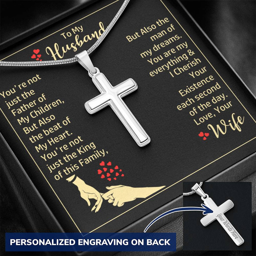 Personalized You Are Not Just the Father of My Children But Also the Beat of My Heart Stainless Steel Cross Necklace Engraved Perfect Anniversary Gift for Husband