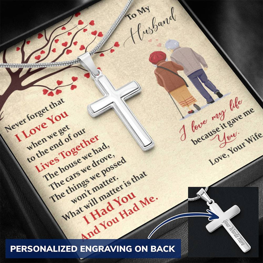 Personalized I Love My Life Because It Gave Me You Stainless Steel Cross Necklace Engraved Perfect Anniversary Gift for Husband