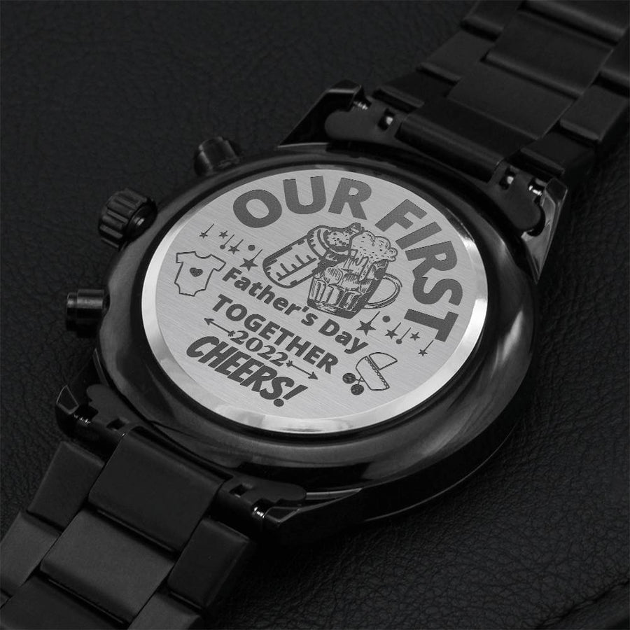 Engraved Design Black Chronograph Watch Gift On First Father's Day 1 Engraving Chronograph Watch