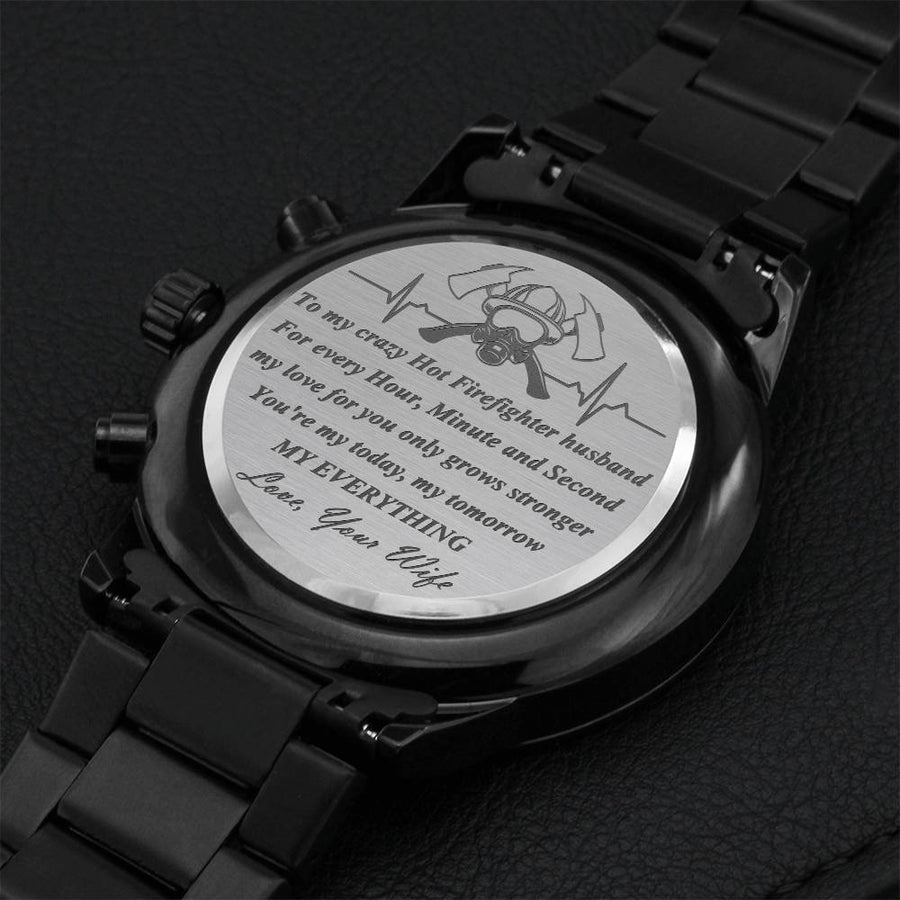 Firefighter Husband Stainless Steel Watch With Personal Engraving Love Message. Engraving Chronograph Watch